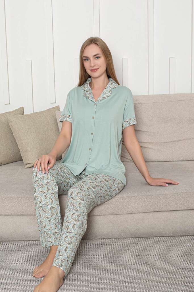Önden Düğmeli Kadın Pijama Takımı - Su Yeşili Kisa Kol Likralı Rink Viskon 2872KY - 2
