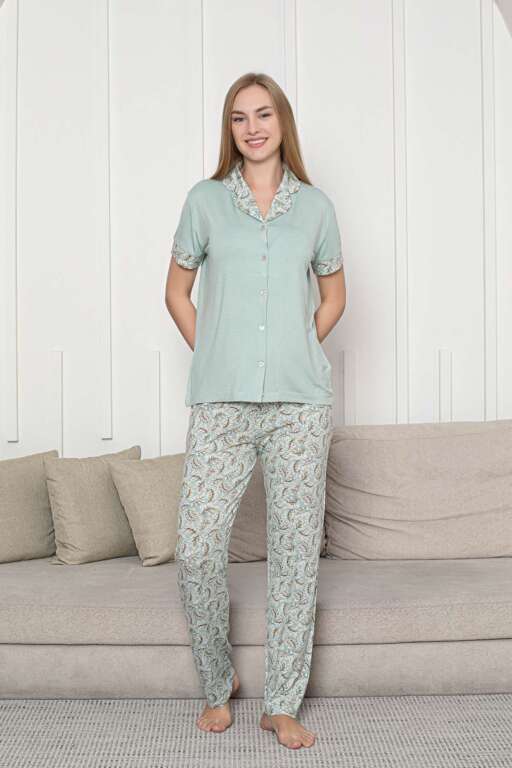 Önden Düğmeli Kadın Pijama Takımı - Su Yeşili Kisa Kol Likralı Rink Viskon 2872KY - 4