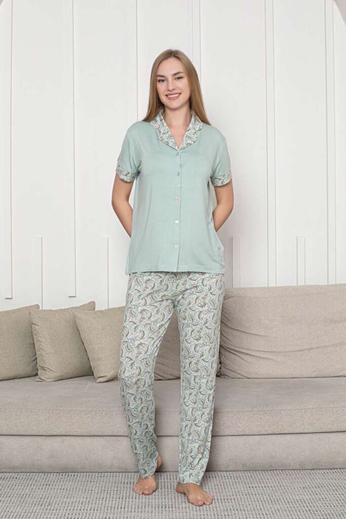 Önden Düğmeli Kadın Pijama Takımı - Su Yeşili Kisa Kol Likralı Rink Viskon 2872KY - 4