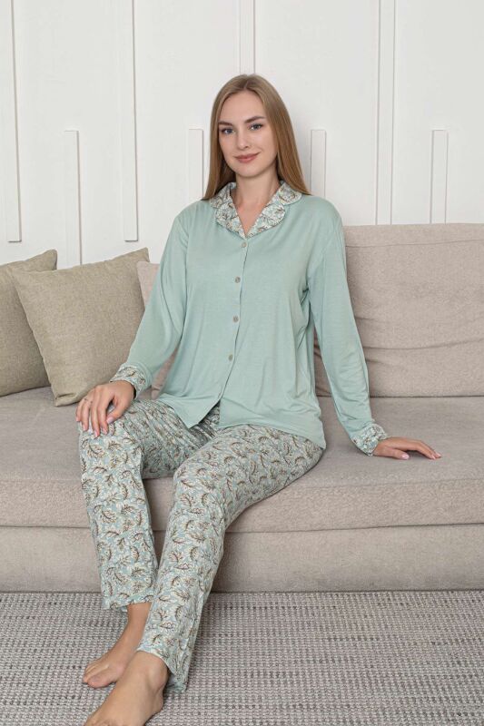Önden Düğmeli Kadın Pijama Takımı - Su Yeşili Çiçek Desenli Uzun Kol Likralı Rink Viskon 2872UY - 2