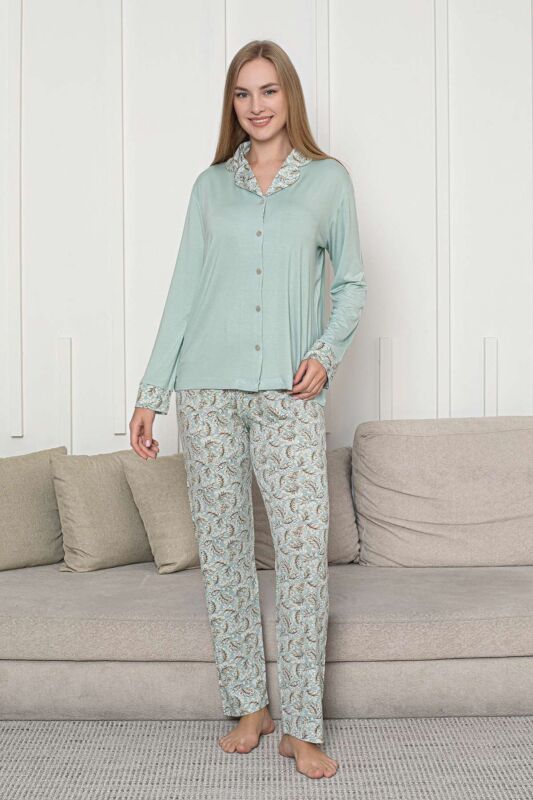 Önden Düğmeli Kadın Pijama Takımı - Su Yeşili Çiçek Desenli Uzun Kol Likralı Rink Viskon 2872UY - 3