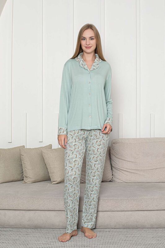 Önden Düğmeli Kadın Pijama Takımı - Su Yeşili Çiçek Desenli Uzun Kol Likralı Rink Viskon 2872UY - 4