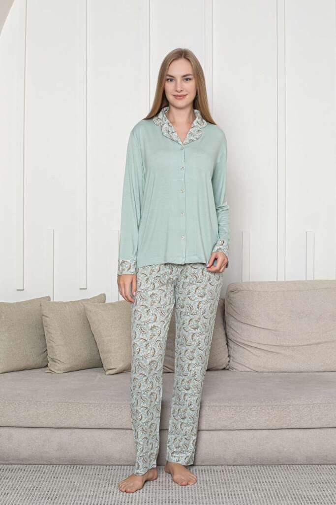 Önden Düğmeli Kadın Pijama Takımı - Su Yeşili Uzun Kol Likralı Rink Viskon 2872UY - 1