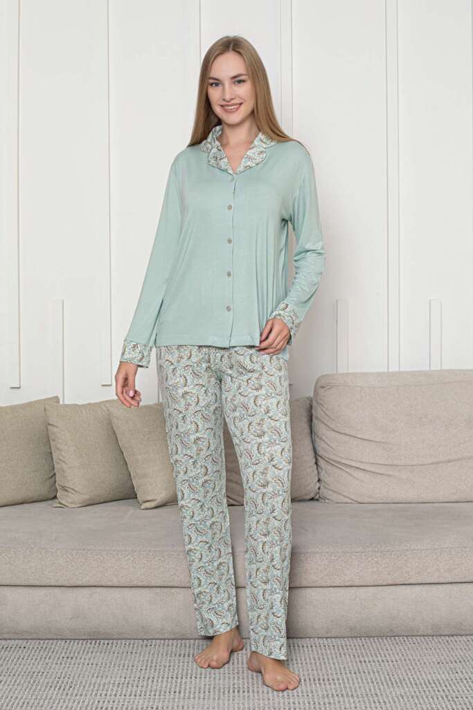 Önden Düğmeli Kadın Pijama Takımı - Su Yeşili Uzun Kol Likralı Rink Viskon 2872UY - 3