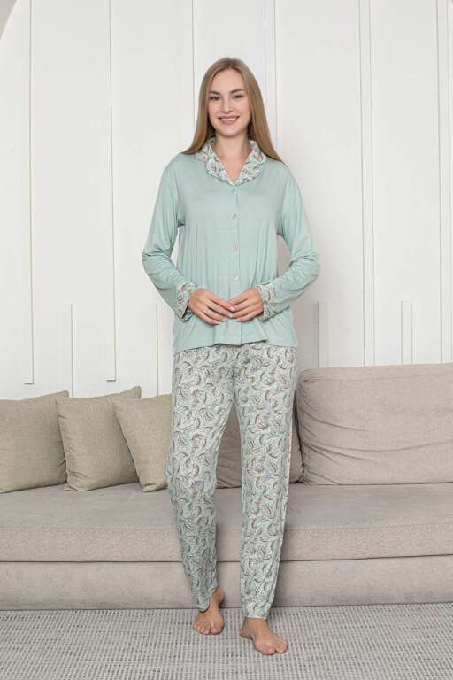 Önden Düğmeli Kadın Pijama Takımı - Su Yeşili Uzun Kol Likralı Rink Viskon 2872UY - 4