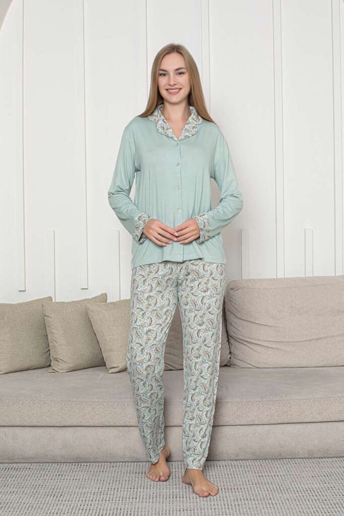 Önden Düğmeli Kadın Pijama Takımı - Su Yeşili Uzun Kol Likralı Rink Viskon 2872UY - 4