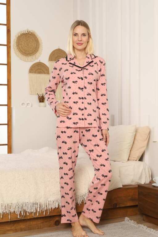 Önden Düğmeli Kadın Pijama Takımı - Fiyonk desenli Uzun Kol Likralı Penye 2897UKL - Alimer