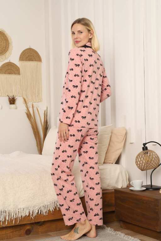 Önden Düğmeli Kadın Pijama Takımı - Fiyonk desenli Uzun Kol Likralı Penye 2897UKL - 4