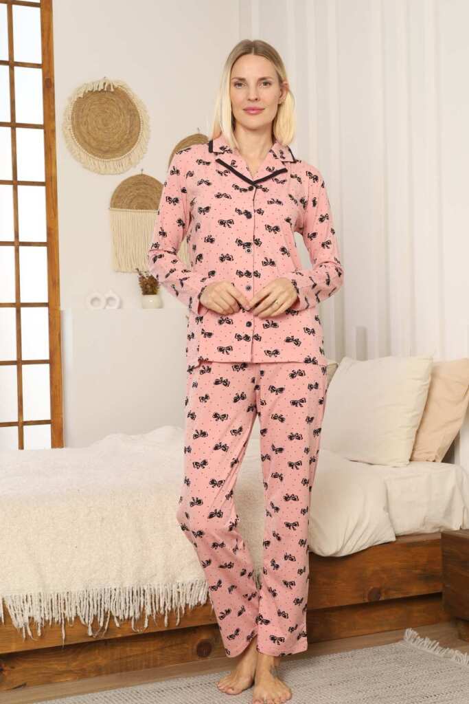 Önden Düğmeli Kadın Pijama Takımı - Fiyonk desenli Uzun Kol Likralı Penye 2897UKL - 3