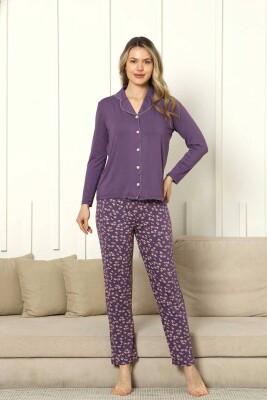 Önden Düğmeli Kadın Pijama Takımı - Mor Uzun Kol Likralı Rink Viskon 2854UY - Alimer