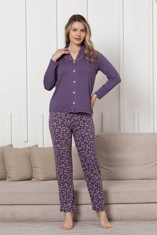 Önden Düğmeli Kadın Pijama Takımı - Mor Uzun Kol Likralı Rink Viskon 2854UY - Alimer