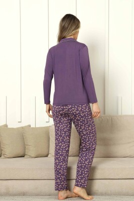 Önden Düğmeli Kadın Pijama Takımı - Mor Uzun Kol Likralı Rink Viskon 2854UY - 5
