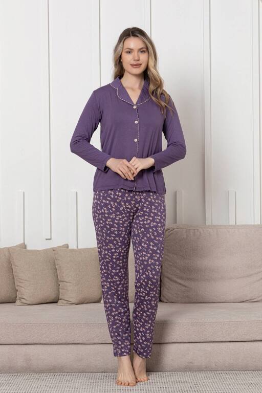 Önden Düğmeli Kadın Pijama Takımı - Mor Uzun Kol Likralı Rink Viskon 2854UY - 3