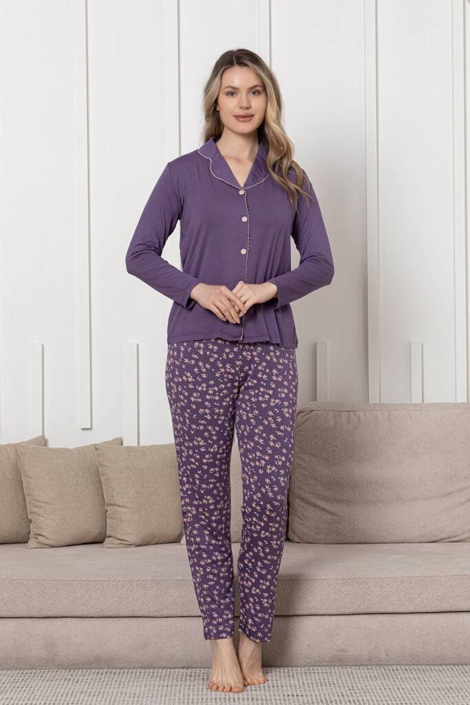 Önden Düğmeli Kadın Pijama Takımı - Mor Uzun Kol Likralı Rink Viskon 2854UY - 3