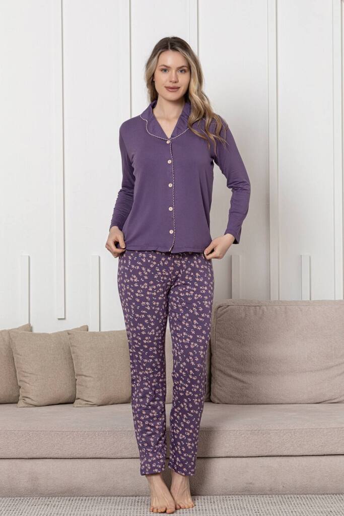 Önden Düğmeli Kadın Pijama Takımı - Mor Uzun Kol Likralı Rink Viskon 2854UY - 4