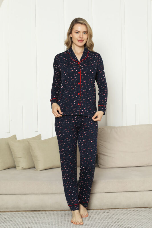 Önden Düğmeli Kadın Pijama Takımı - Laciver Gül Desenli Uzun Kol Likralı Rink Viskon 2862UY - 2