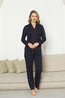 Önden Düğmeli Kadın Pijama Takımı - Laciver Gül Desenli Uzun Kol Likralı Rink Viskon 2862UY - 3