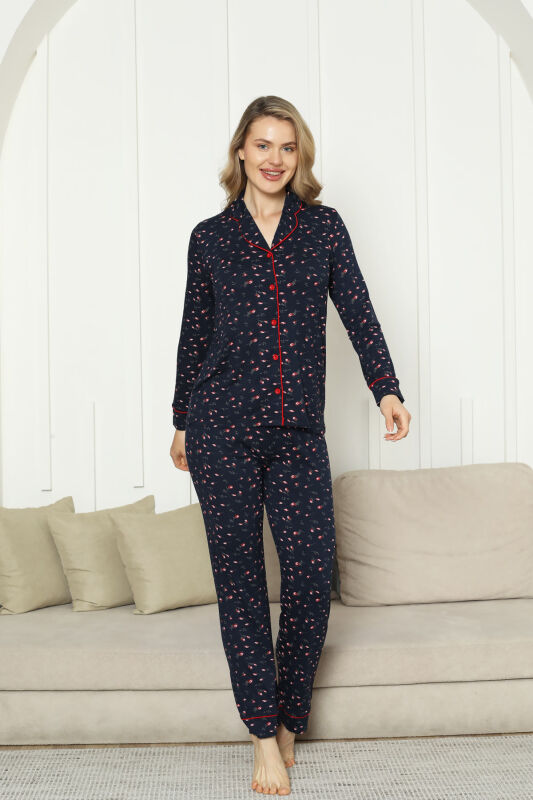 Önden Düğmeli Kadın Pijama Takımı - Laciver Gül Desenli Uzun Kol Likralı Rink Viskon 2862UY - 4