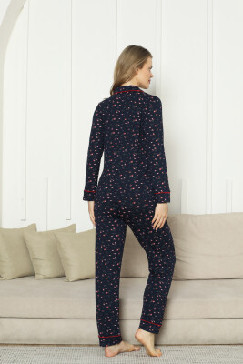 Önden Düğmeli Kadın Pijama Takımı - Laciver Gül Desenli Uzun Kol Likralı Rink Viskon 2862UY - 6