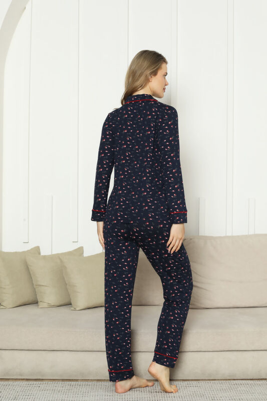 Önden Düğmeli Kadın Pijama Takımı - Laciver Gül Desenli Uzun Kol Likralı Rink Viskon 2862UY - 6