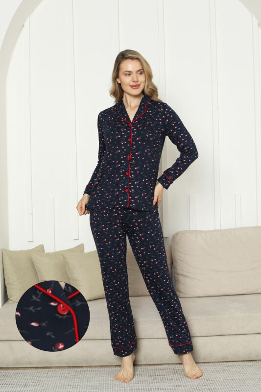 Önden Düğmeli Kadın Pijama Takımı - Laciver Gül Desenli Uzun Kol Likralı Rink Viskon 2862UY - 1
