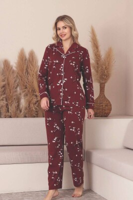 Önden Düğmeli Kadın Pijama Takımı -Çiçek Desenli Uzun Kollu Likralı Penye 2889UK - Alimer