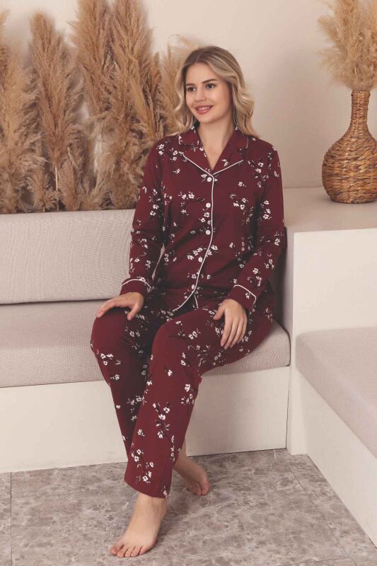 Önden Düğmeli Kadın Pijama Takımı -Çiçek Desenli Uzun Kollu Likralı Penye 2889UK - 2
