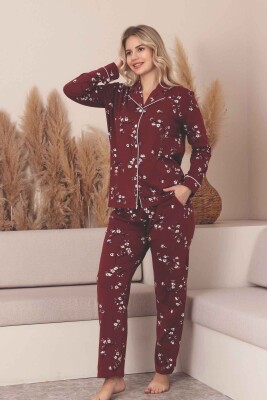 Önden Düğmeli Kadın Pijama Takımı -Çiçek Desenli Uzun Kollu Likralı Penye 2889UK - 3