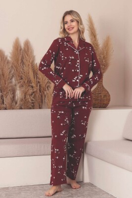 Önden Düğmeli Kadın Pijama Takımı -Çiçek Desenli Uzun Kollu Likralı Penye 2889UK - 5