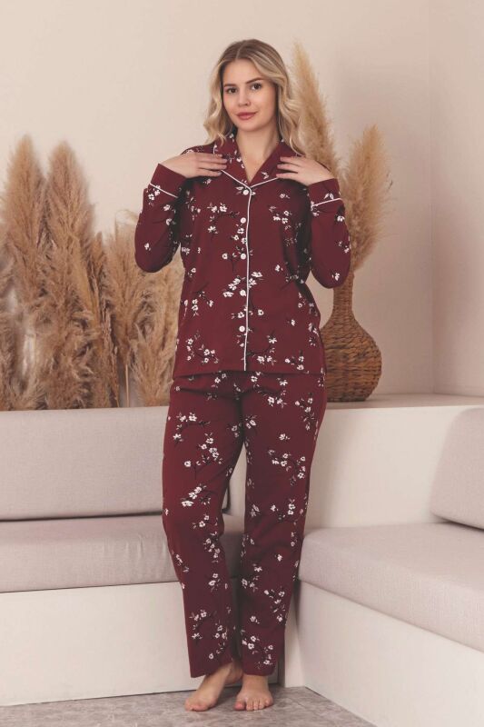 Önden Düğmeli Kadın Pijama Takımı -Çiçek Desenli Uzun Kollu Likralı Penye 2889UK - 4