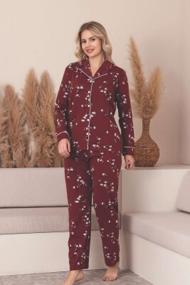 Önden Düğmeli Kadın Pijama Takımı -Çiçek Desenli Uzun Kollu Likralı Penye 2889UK - Alimer