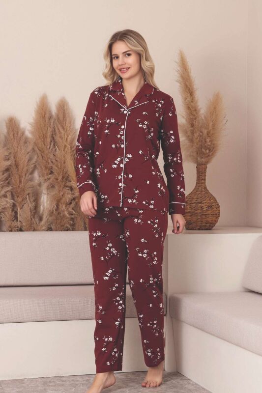 Önden Düğmeli Kadın Pijama Takımı -Çiçek Desenli Uzun Kollu Likralı Penye 2889UK - 1