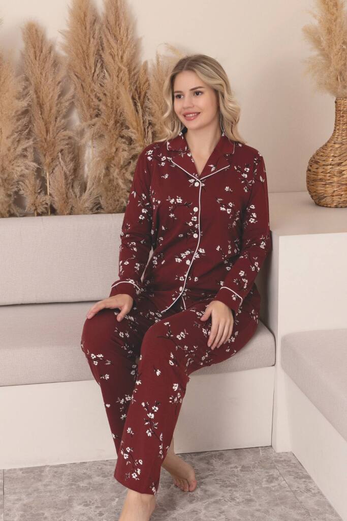 Önden Düğmeli Kadın Pijama Takımı -Çiçek Desenli Uzun Kollu Likralı Penye 2889UK - 2