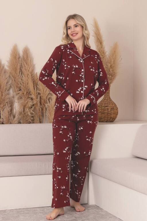 Önden Düğmeli Kadın Pijama Takımı -Çiçek Desenli Uzun Kollu Likralı Penye 2889UK - 3