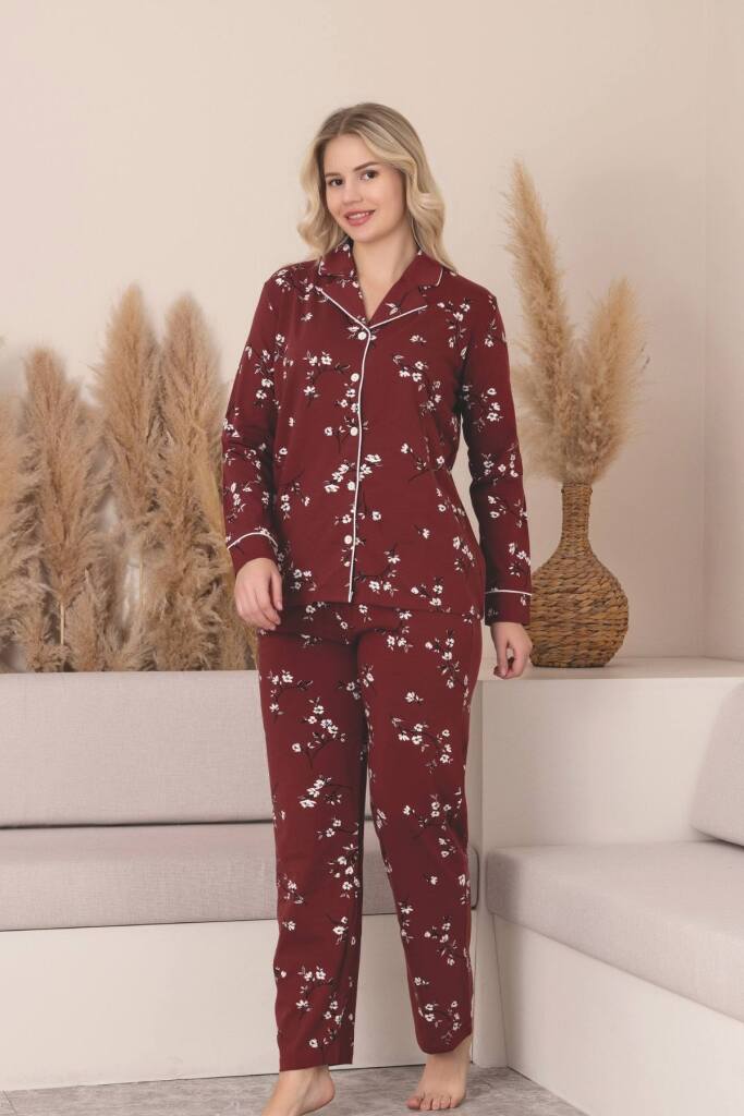 Önden Düğmeli Kadın Pijama Takımı -Çiçek Desenli Uzun Kollu Likralı Penye 2889UK - 4