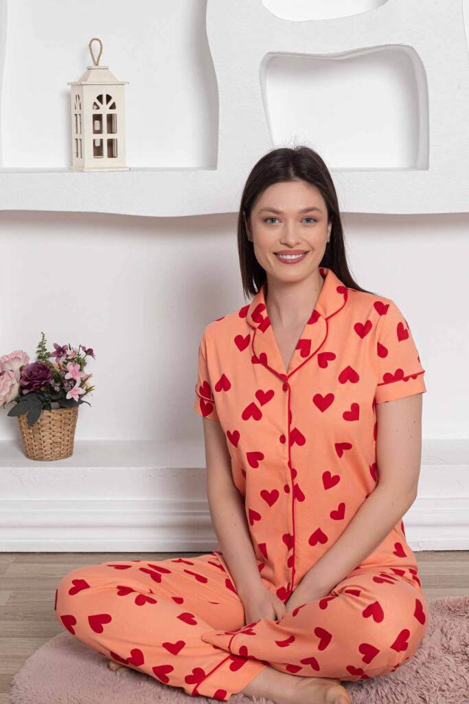 Önden Düğmeli Kadın Pijama Takımı - Somon Kalp desenli Penye 2783KY - 2