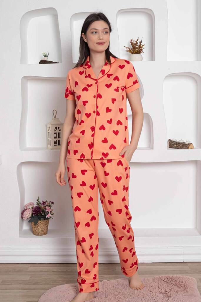 Önden Düğmeli Kadın Pijama Takımı - Somon Kalp desenli Penye 2783KY - 3