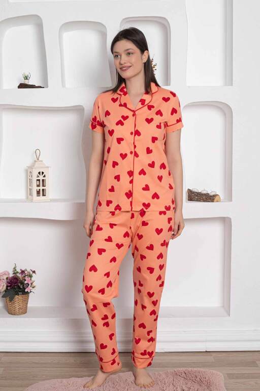 Önden Düğmeli Kadın Pijama Takımı - Somon Kalp desenli Penye 2783KY - Alimer