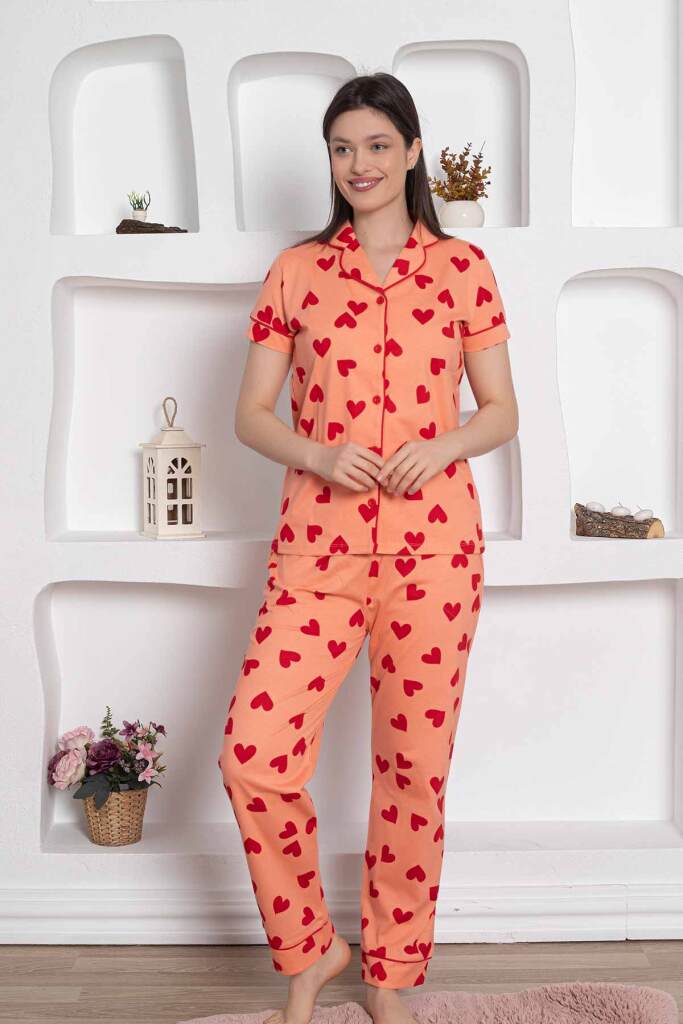 Önden Düğmeli Kadın Pijama Takımı - Somon Kalp desenli Penye 2783KY - 4