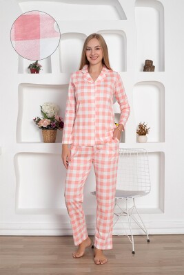  Ekoseli Önden Düğmeli Kadın Pijama Takımı - Pembe Uzun Kollu Penye 2793UY - Miss Merveille