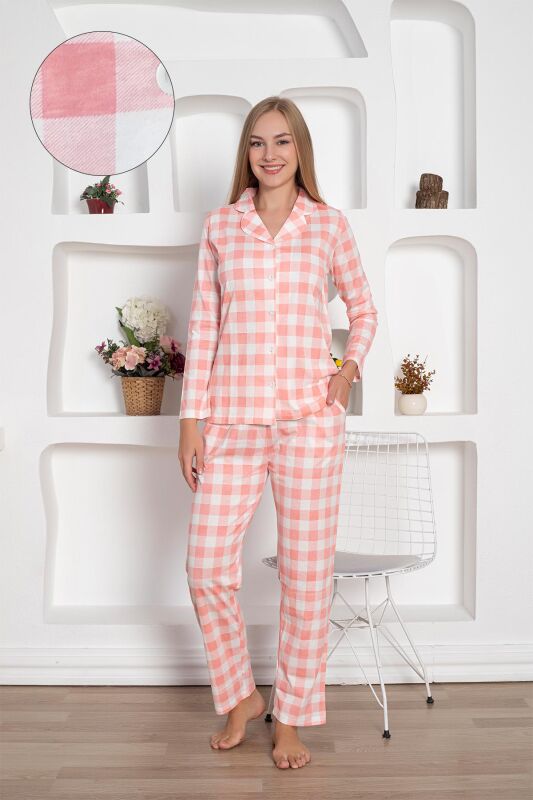  Ekoseli Önden Düğmeli Kadın Pijama Takımı - Pembe Uzun Kollu Penye 2793UY - 1