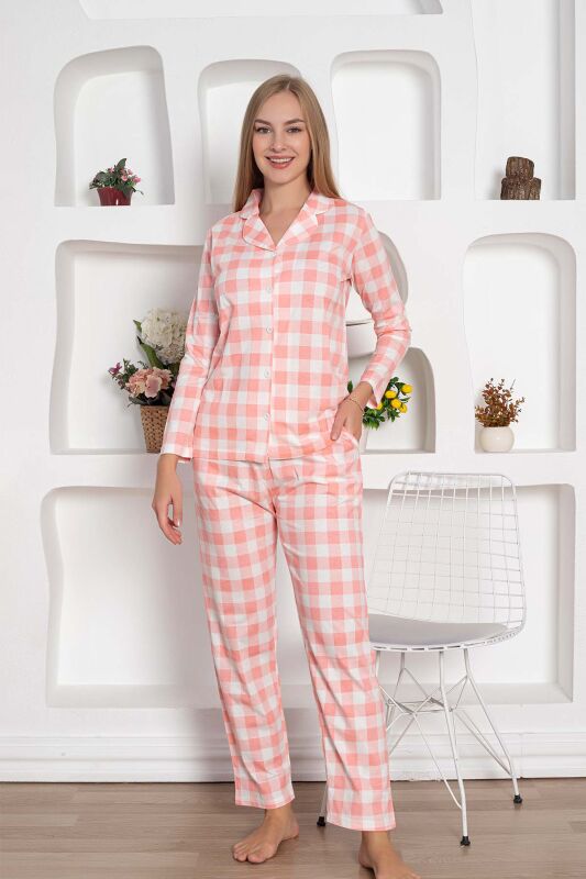  Ekoseli Önden Düğmeli Kadın Pijama Takımı - Pembe Uzun Kollu Penye 2793UY - 2