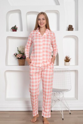  Ekoseli Önden Düğmeli Kadın Pijama Takımı - Pembe Uzun Kollu Penye 2793UY - 4