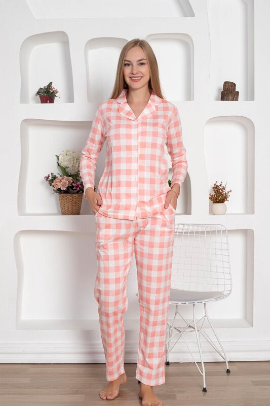  Ekoseli Önden Düğmeli Kadın Pijama Takımı - Pembe Uzun Kollu Penye 2793UY - 4