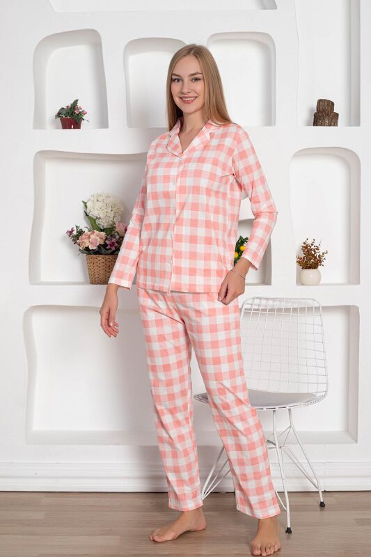 Ekoseli Önden Düğmeli Kadın Pijama Takımı - Pembe Uzun Kollu Penye 2793UY - 5