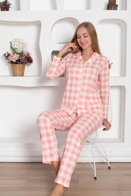  Ekoseli Önden Düğmeli Kadın Pijama Takımı - Pembe Uzun Kollu Penye 2793UY - 3