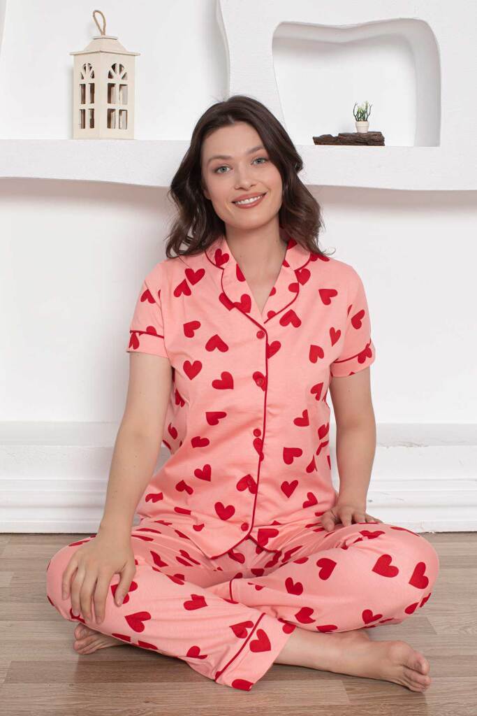 Önden Düğmeli Kadın Pijama Takımı - Pembe Kalp desenli Penye 2783KY - 2