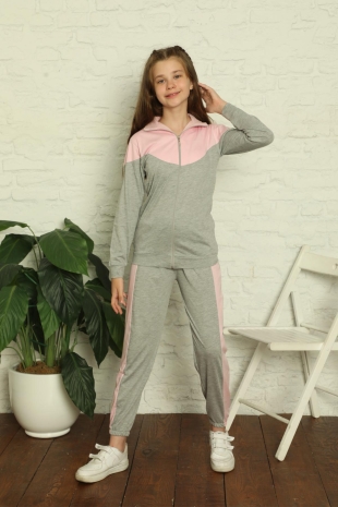 Pembe Uzun Kollu Fermuarlı Penye Çocuk Eşofman Takımı 5168UK - Miss Merveille