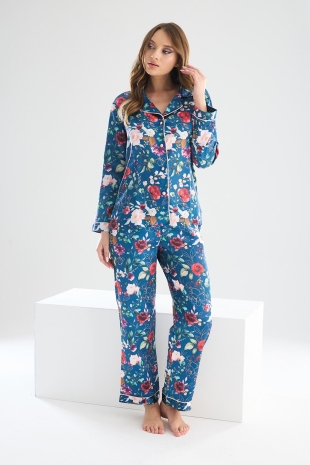 Perla Mavi İpek Saten Çiçek Desenli Kadın Pijama Takımı 8002MS - 2