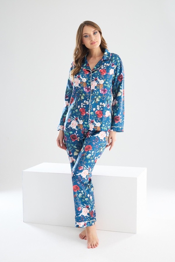 Perla Mavi İpek Saten Çiçek Desenli Kadın Pijama Takımı 8002MS - 3